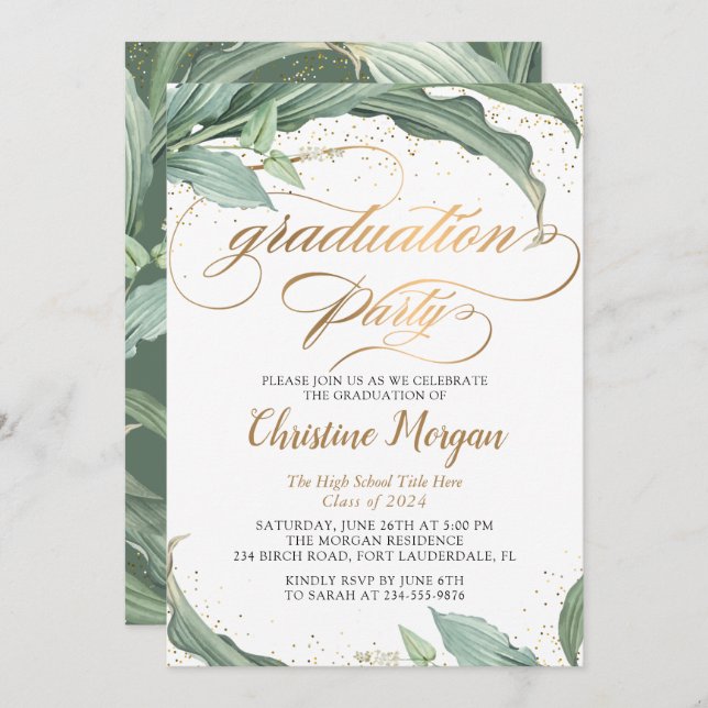 Invitation Feuille botanique Gold Script Graduation Party (Devant / Derrière)