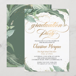 Invitation Feuille botanique Gold Script Graduation Party