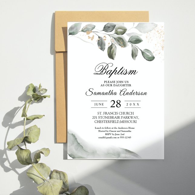 Invitation Feuille d'aquarelle verte douce | Poussière d'or | (Créateur téléchargé)