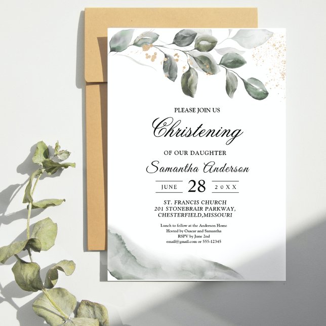 Invitation Feuille d'aquarelle verte douce | Poussière d'or (Créateur téléchargé)