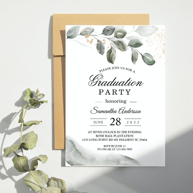 Invitation Feuille d'aquarelle verte douce | Poussière d'or | (Créateur téléchargé)