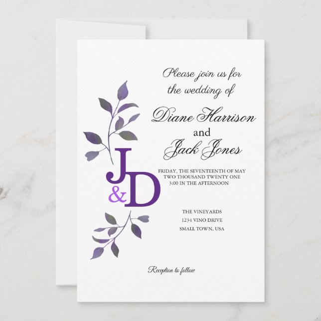 Invitation Feuille d'aquarelle violette Mariage (Devant)