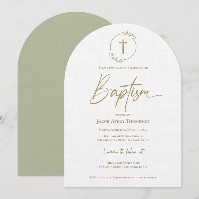 Invitation Feuille d'arc moderne Wreath Gold Croix dorée Bapt (Devant / Derrière)