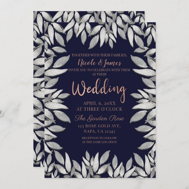 Invitation Feuille d'argent Botanique Glam bleu rose Mariage (Devant / Derrière)