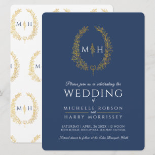 Invitation Feuille d'art ligne ovale mariage or bleu marine b