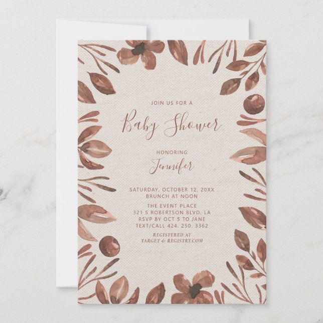 Invitation Feuille d'automne | Baby shower neutre aquarelle (Devant)