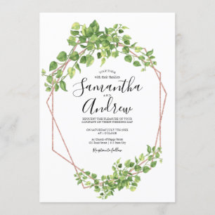 Invitation Feuille de Boho aquarelle élégante Rose Gold Green