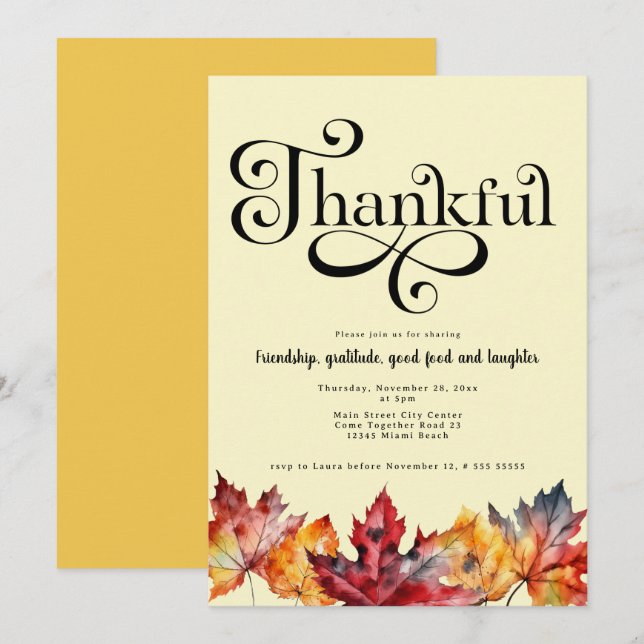 Invitation Feuille de calligraphie aquarelle reconnaissante J (Devant / Derrière)
