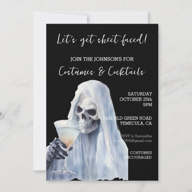 Invitation Feuille de fantôme Costumes et cocktails face à fa (Devant)