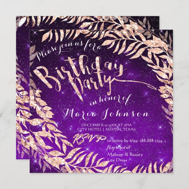 Invitation Feuille de fête d'anniversaire couronne violet éto (Devant / Derrière)