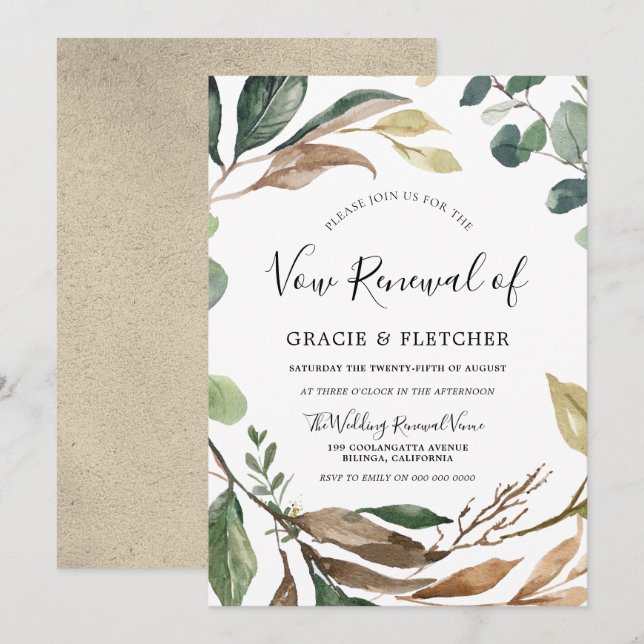 Invitation Feuille de jardin Wreath Élégant mariage Vow renou (Devant / Derrière)