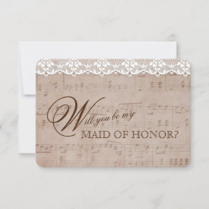 Invitation Feuille de musique romantique Dentelle Be my MAID 