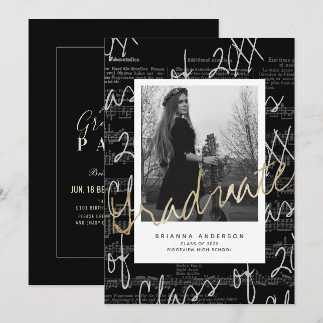 Invitation Feuille de musique Script Black Photo Drive-by Gra (Devant / Derrière)