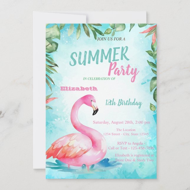 Invitation Feuille de palme, Flamants roses mignons fête d'an (Devant)