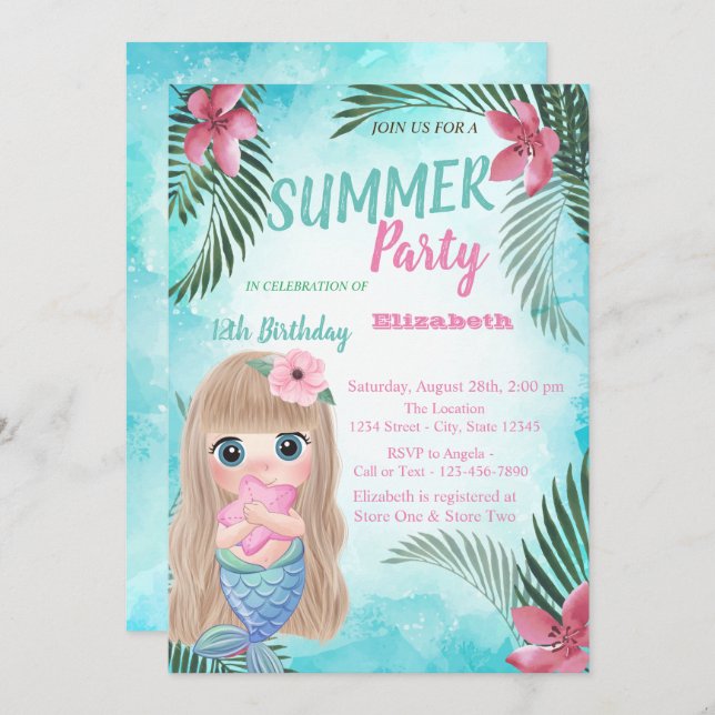 Invitation Feuille de palme, Fleurs, Fête d'anniversaire de l (Devant / Derrière)