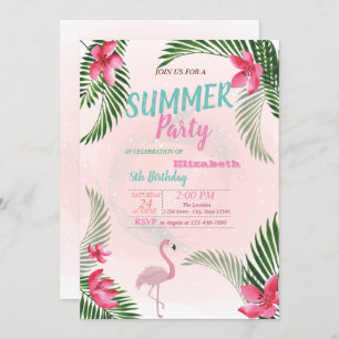 Invitation Feuille de palme, Fleurs, Flamant rose fête d'anni