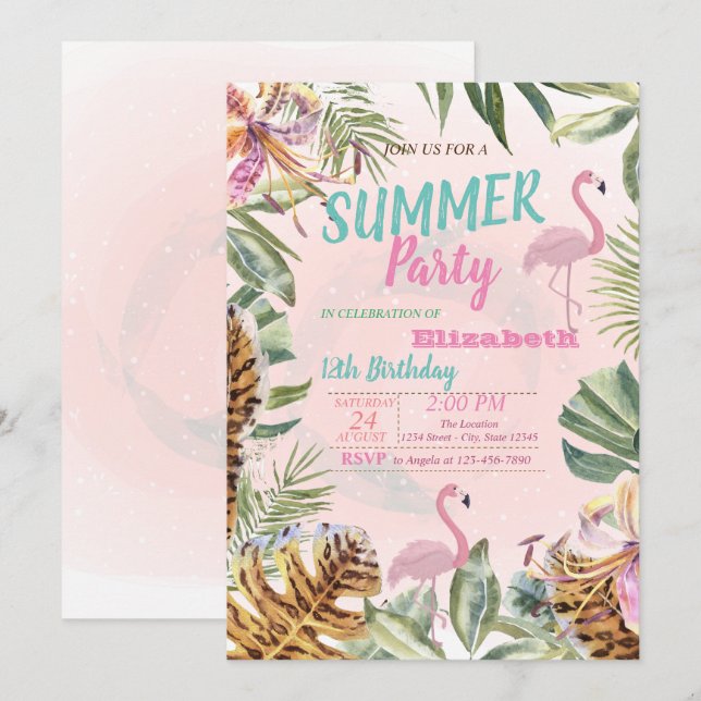 Invitation Feuille de palme, Fleurs, Flamants roses fête d'an (Devant / Derrière)