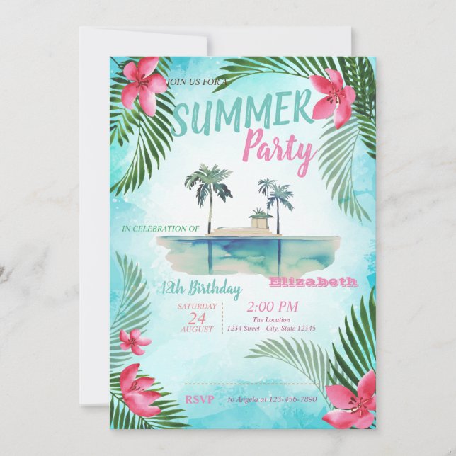 Invitation Feuille de palme, Fleurs tropicales, Fête d'annive (Devant)