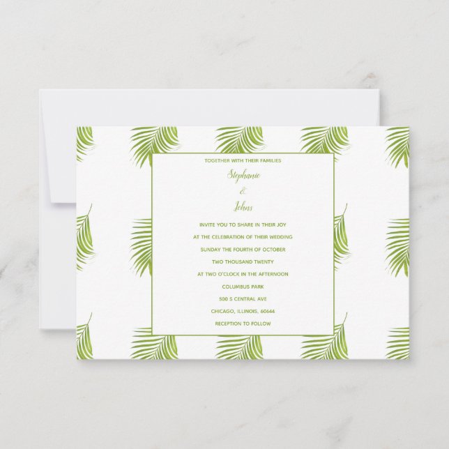 Invitation Feuille de palme tropicale Motif vert blanc Mariag (Devant)