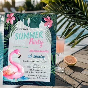 Invitation Feuille de Palmier Tropical, Flamants Roses Annive