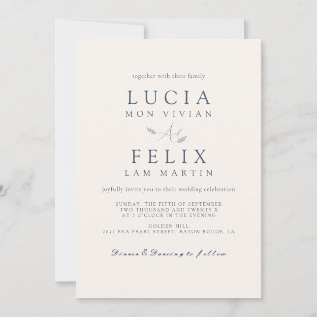 Invitation Feuille délicieuse  Dusty Blue Mariage (Devant)