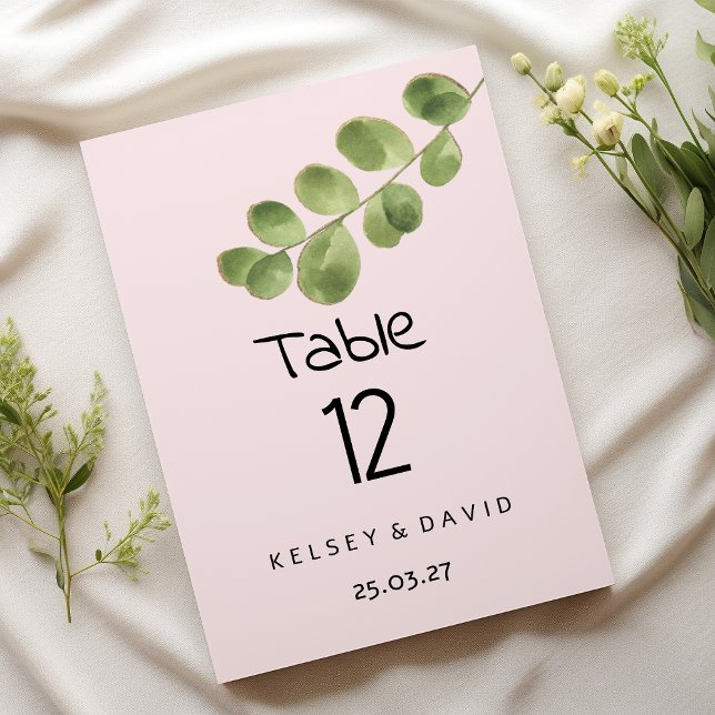 Invitation Feuille d'eucalyptus à la menthe rose pastel Numér (Pastel pink mint eucalyptus leaf Table Numbers)