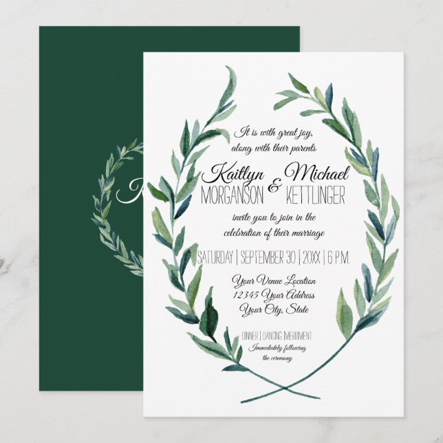 Invitation Feuille d'olive de courge de laurier Vert émeraude (Devant / Derrière)