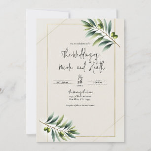 Invitation Feuille d'olive verte os blanc et or mariage rusti
