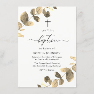 Invitation Feuille d'or Blanc Simple Croix Baptême