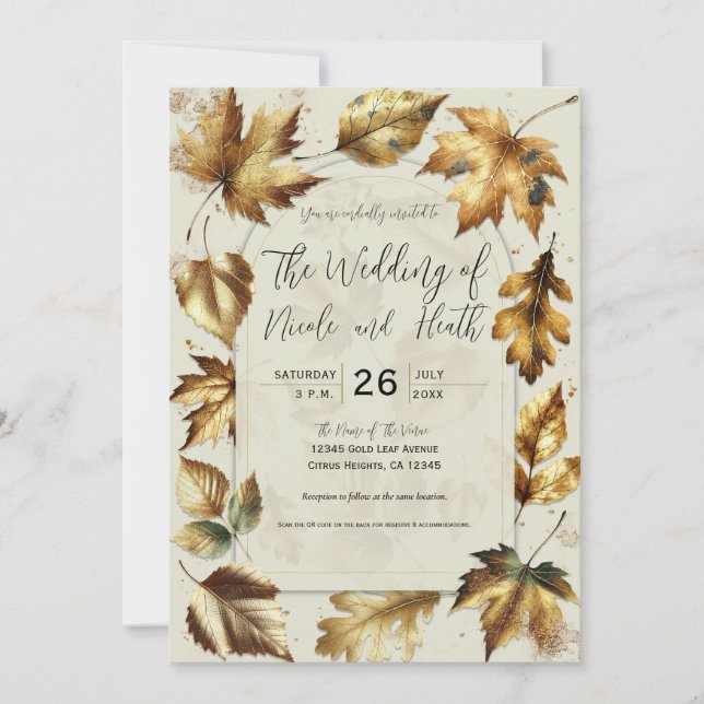 Invitation Feuille d'or  crème beige Mariage de automne (Devant)