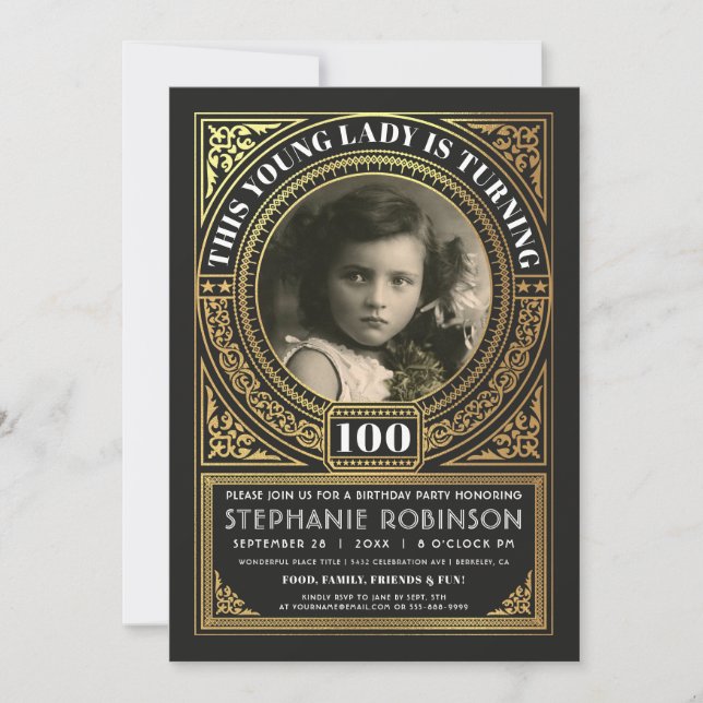 Invitation Feuille d'or de photo d'invitations d'anniversaire (Devant)