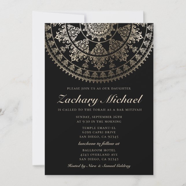 Invitation Feuille d'or d'invitations de Mitzvah de barre (Devant)