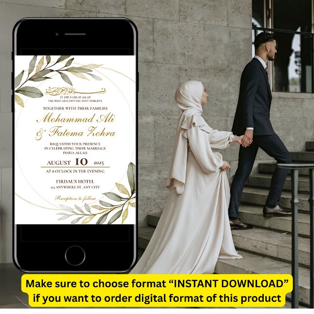 Invitation Feuille d'or Élégance Mariage musulman Nikah (Créateur téléchargé)