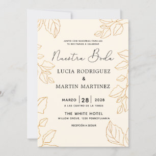 Invitation Feuille d'or élégante Crème Espagnol Nuestra Boda