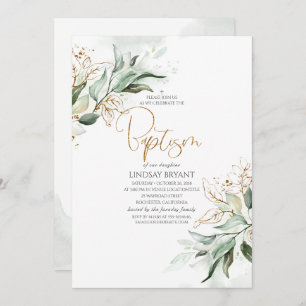 Invitation Feuille d'or Eucalyptus Vert Vert mignon Baptême