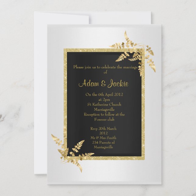 Invitation Feuille d'or noir argent ÉLÉGANT MARIAGE CLASSÉ (Devant)