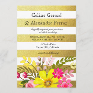 Invitation Feuille d'or rayée Folklore Fleurs Mariage jaune