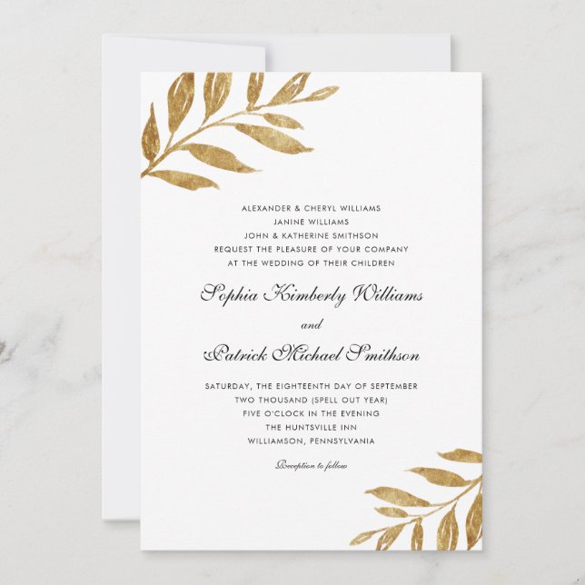 Invitation Feuille d'or simple | 3 définit le mariage des par (Devant)