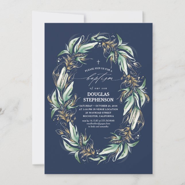 Invitation Feuille d'or vert couronne marine Baptême bleu mar (Devant)