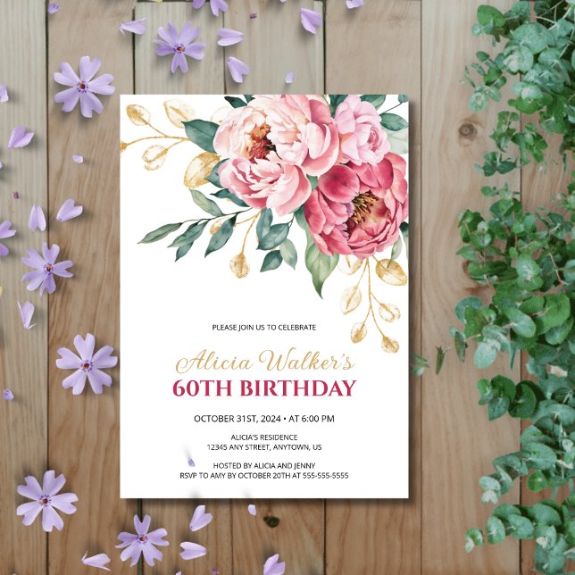 Invitation Feuille d'or vert Peine rose rouge Anniversaire (Créateur téléchargé)