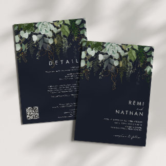 Invitation Feuille d'or verte | Dark Navy All In One QR Code
