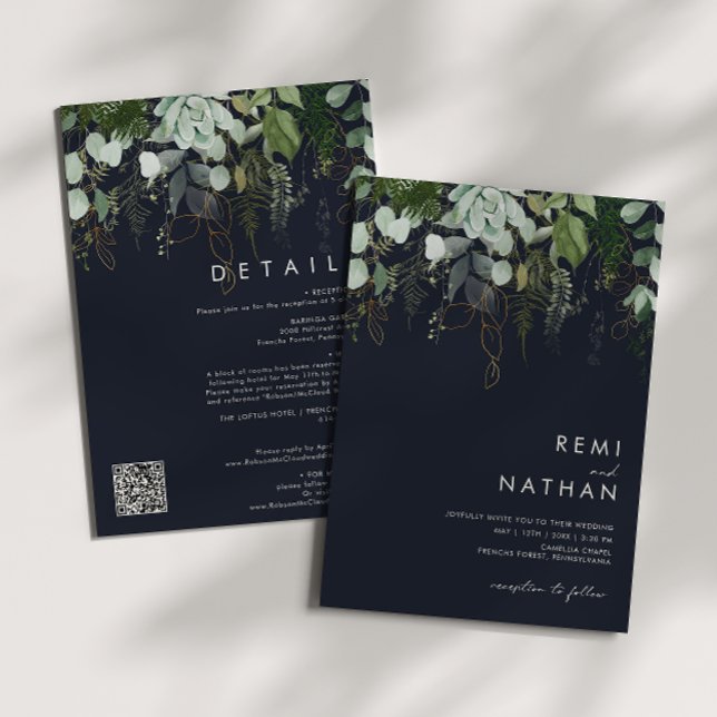 Invitation Feuille d'or verte | Dark Navy All In One QR Code (Créateur téléchargé)