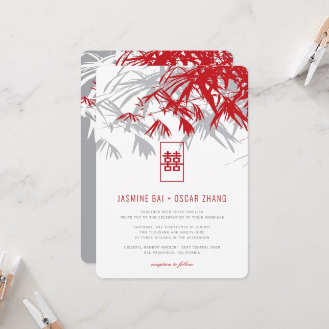 Invitation Feuille double Xi en bambou gris rouge Mariage chi (Devant/Arrière en situation)