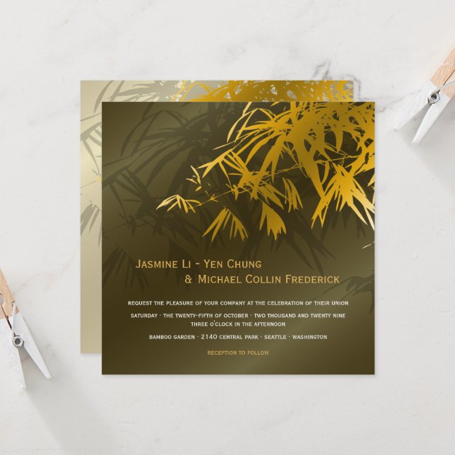 Invitation Feuille en bambou or et vert chic Mariage asiatiqu (Devant/Arrière en situation)