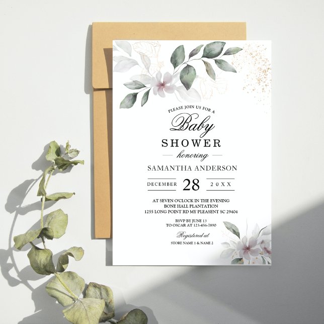 Invitation Feuille et fleur d'aquarelle de verdure douce | Or (Créateur téléchargé)