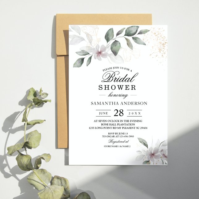 Invitation Feuille et fleur d'aquarelle de verdure douce | Or (Créateur téléchargé)