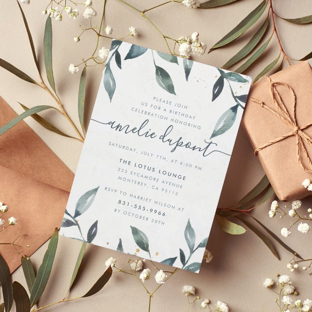 Invitation Feuille et script d'aquarelle | Fête d'anniversair (Créateur téléchargé)