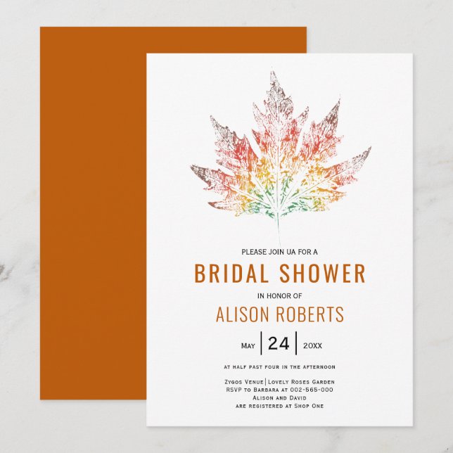 Invitation Feuille gravée orange mariage de automne nuptiale  (Devant / Derrière)