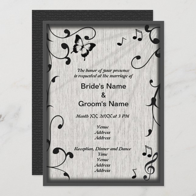 Invitation Feuille  gris et noir Mariage de bois (Devant / Derrière)