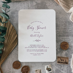 Invitation Feuille minimale Baby shower d'aubergine